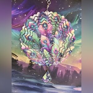 NEW 8” Iridescent Peacock Feather Wind Spinner - Purple & Teal Home Art